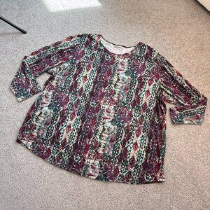 - Pure Jill Long Sleeve Geometric Ikat Print 100% Cotton Top Blouse Stretch XL